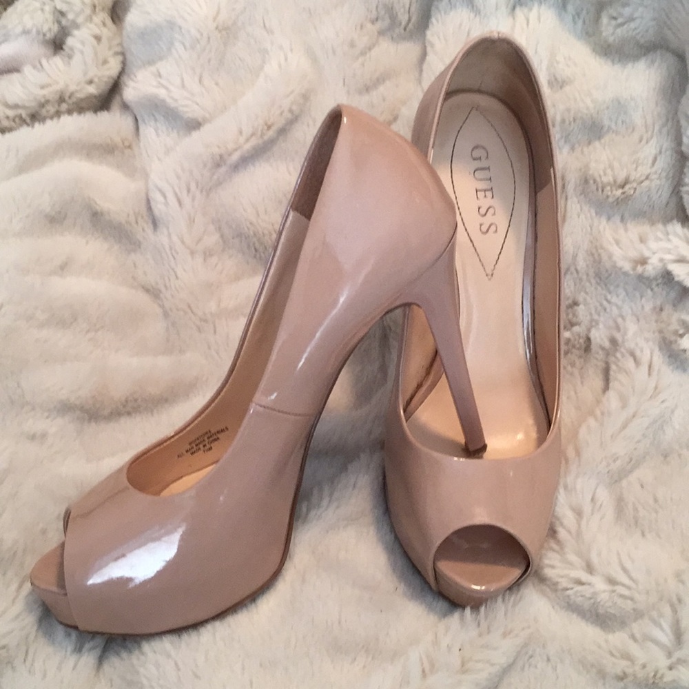 Guess Nude Patent Leather Platform Peep Toe Heels Gem
